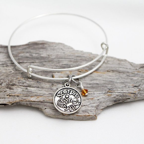 November Scorpio Adjustable Charm Bangle - Handmade Zodiac Bracelet - Picture 2 of 12